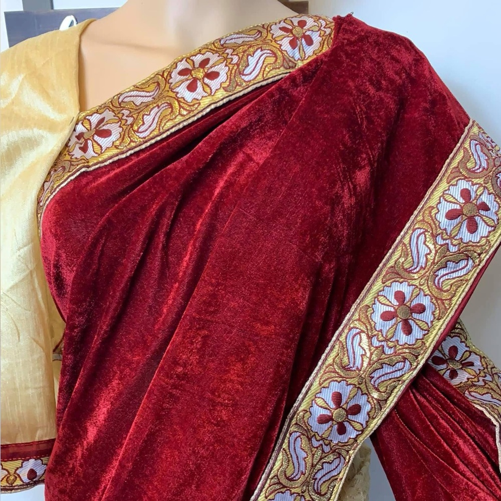 Elegant Red and Gold Embroidered Sari Velvet And Lace Party  Wear